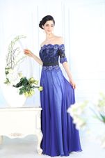 Fantastic Scalloped Blue Half Sleeves Floor Length Beading and Appliques Zipper Prom Gown