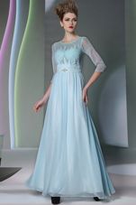 Super Light Blue Scoop Neckline Beading Prom Dresses Half Sleeves Zipper