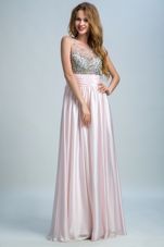 Baby Pink Chiffon Side Zipper Homecoming Dress Sleeveless Floor Length Beading and Ruching