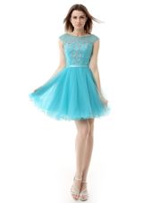 Fashionable Aqua Blue Prom Party Dress Prom and Party and For with Beading Bateau Sleeveless Zipper