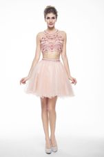 Custom Design Scoop Peach Sleeveless Beading Knee Length Prom Gown