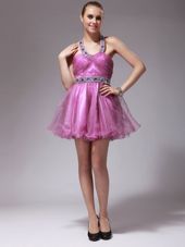 Halter Top Rose Pink Sleeveless Mini Length Beading Zipper Party Dresses