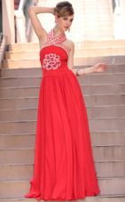 Exceptional Coral Red A-line Chiffon Halter Top Sleeveless Embroidery Floor Length Side Zipper Prom Party Dress