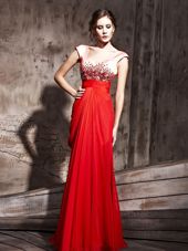 Chiffon V-neck Cap Sleeves Backless Beading Evening Dress in Coral Red