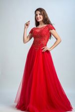 Red Bateau Neckline Lace Prom Dress Cap Sleeves Zipper