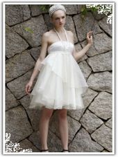 White Empire Halter Top Sleeveless Organza Knee Length Zipper Ruffles Evening Dress