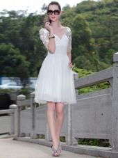 Attractive White Column/Sheath V-neck Sleeveless Tulle Knee Length Zipper Lace Prom Dress