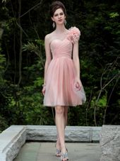 Affordable Peach Column/Sheath One Shoulder Sleeveless Tulle Knee Length Side Zipper Beading and Hand Made Flower