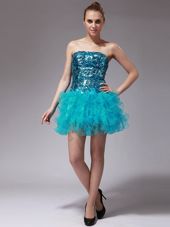 Latest Strapless Sleeveless Cocktail Dresses Mini Length Beading and Ruffles Aqua Blue Organza