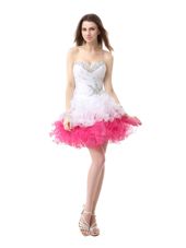 Superior Pink And White A-line Sweetheart Sleeveless Organza Knee Length Lace Up Beading and Ruffles Prom Gown