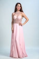 Halter Top Sleeveless Prom Gown Floor Length Beading Baby Pink Chiffon