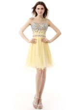 Clearance Sleeveless Organza Knee Length Zipper Prom Dresses in Light Yellow for with Beading