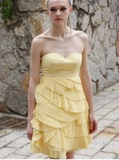 Yellow Chiffon Zipper Sweetheart Sleeveless Mini Length Prom Evening Gown Ruching