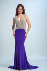 Purple Column/Sheath Chiffon V-neck Sleeveless Beading Floor Length Backless Homecoming Dress