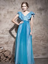 Cap Sleeves Floor Length Sequins Zipper Prom Dress with Teal