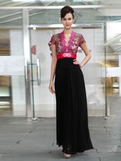 Hot Sale Red And Black V-neck Neckline Appliques and Ruching Prom Evening Gown Short Sleeves Zipper