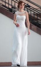 Admirable White Column/Sheath Bateau Sleeveless Satin Floor Length Zipper Beading and Lace Junior Homecoming Dress