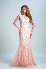 Lace Prom Evening Gown Peach Zipper Sleeveless Floor Length