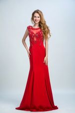 Pretty Mermaid Scoop Sleeveless Homecoming Dress With Brush Train Beading Red Chiffon