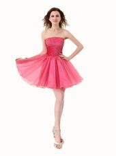 New Style Hot Pink Lace Up Strapless Beading Prom Dress Organza Sleeveless