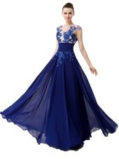 Popular Column/Sheath Evening Dress Blue High-neck Chiffon Cap Sleeves Floor Length Zipper