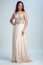 Inexpensive Sequins Spaghetti Straps Sleeveless Backless Prom Evening Gown Pink Chiffon