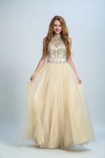 Noble Floor Length Zipper Evening Dress Champagne and In for Prom with Beading