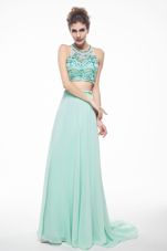 Scoop Chiffon Sleeveless With Train Prom Party Dress Brush Train and Beading