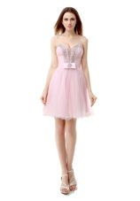 Colorful Baby Pink A-line V-neck Sleeveless Tulle Knee Length Zipper Beading Prom Dress