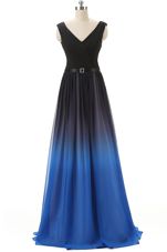 Best Blue And Black Empire Beading Prom Dresses Lace Up Chiffon Sleeveless