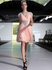 Customized V-neck Sleeveless Cocktail Dress Knee Length Beading Peach Chiffon