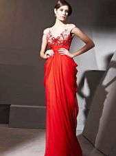 V-neck Cap Sleeves Prom Evening Gown Floor Length Beading and Appliques and Ruching Red Chiffon