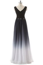 Black Empire V-neck Sleeveless Chiffon Floor Length Lace Up Ruching and Belt Prom Dresses