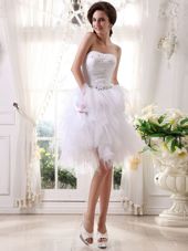 Strapless Sleeveless Evening Dress Knee Length Beading and Belt White Organza