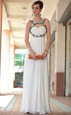 Dynamic Sleeveless Chiffon Floor Length Side Zipper Prom Dress in White for with Beading and Ruching