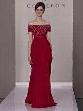 Red Column/Sheath Chiffon Off The Shoulder Short Sleeves Beading and Ruching Floor Length Zipper Homecoming Dress