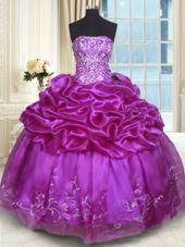 Super Floor Length Eggplant Purple Quince Ball Gowns Organza Sleeveless Beading and Embroidery and Pick Ups