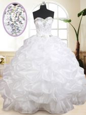 White Ball Gowns Organza Sweetheart Sleeveless Beading and Pick Ups Floor Length Lace Up 15th Birthday Dress