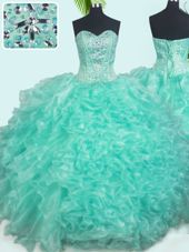 Hot Sale Sweetheart Sleeveless Lace Up Quinceanera Dress Turquoise Organza