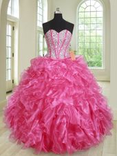 Ball Gowns Quinceanera Dresses Hot Pink Sweetheart Organza Sleeveless Floor Length Lace Up