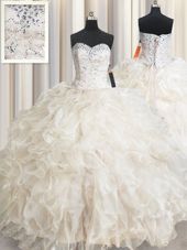 Custom Design Ball Gowns Sweet 16 Dresses Champagne Sweetheart Organza Sleeveless Floor Length Lace Up