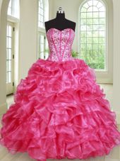 Hot Pink Ball Gowns Beading and Ruffles 15th Birthday Dress Lace Up Organza Sleeveless Floor Length