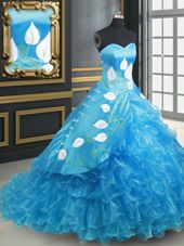 Glorious Sleeveless With Train Embroidery and Ruffled Layers Lace Up Quinceanera Dress with Baby Blue Brush Train