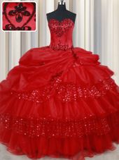 Red Lace Up Sweetheart Embroidery and Ruffled Layers and Sequins and Pick Ups 15th Birthday Dress Organza Sleeveless