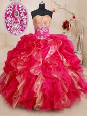 Sweetheart Sleeveless Lace Up Quinceanera Gown Red Organza