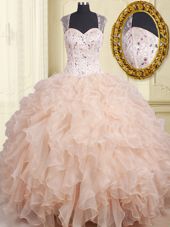 Hot Sale Straps Straps Pink Zipper 15th Birthday Dress Beading and Ruffles Cap Sleeves Floor Length