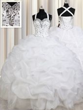 Colorful White Ball Gowns Organza Straps Sleeveless Beading and Ruffles and Pick Ups Floor Length Lace Up Quinceanera Gowns