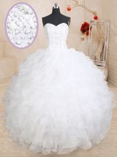 White Ball Gowns Sweetheart Sleeveless Organza Floor Length Lace Up Beading and Ruffles 15 Quinceanera Dress