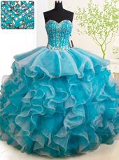 Adorable Teal 15th Birthday Dress Military Ball and Sweet 16 and Quinceanera and For with Beading and Ruffles Sweetheart Sleeveless Brush Train Lace Up