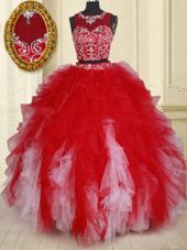 Two Pieces See Through White and Red Scoop Neckline Beading and Ruffles Sweet 16 Quinceanera Dress Sleeveless Zipper